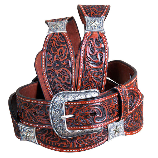 Cognac Brown Floral Embossed Full-Grain Leather Western Belt and Silver Buckle - Uhorse