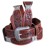 Cognac Brown Floral Embossed Full-Grain Leather Western Belt & Silver Buckle