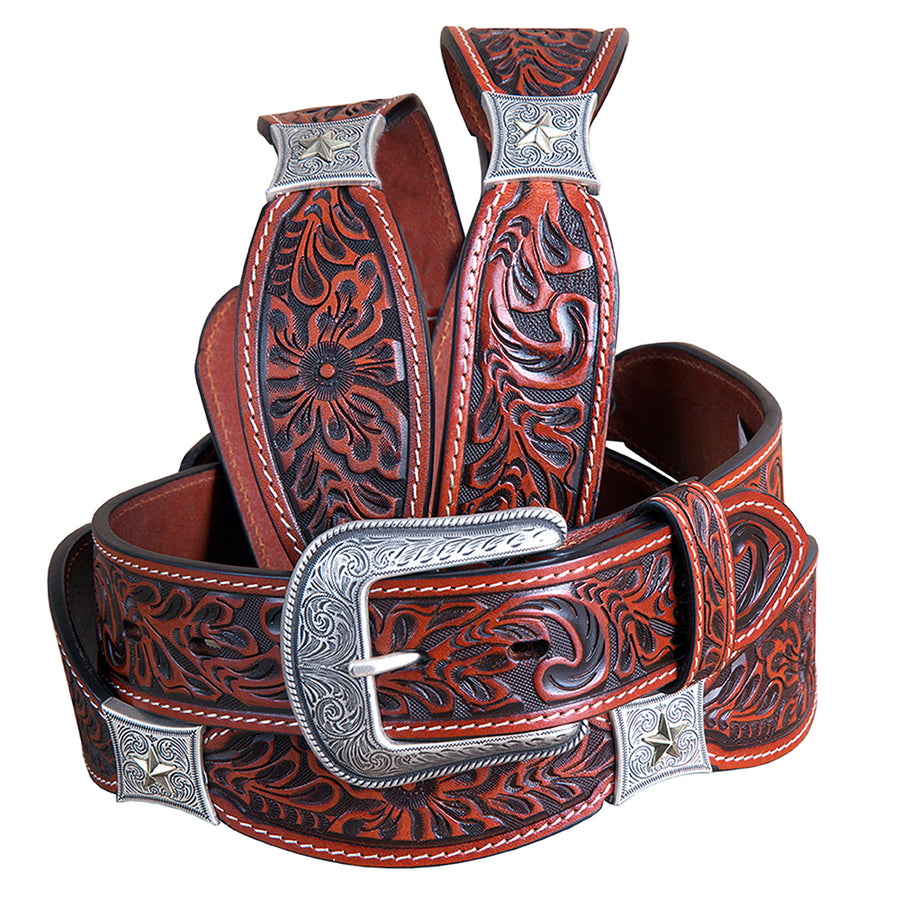 Cognac Brown Floral Embossed Full-Grain Leather Western Belt and Silver Buckle - Uhorse