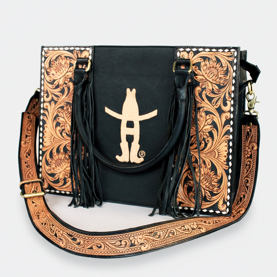 Laurel Sunset Rodeo Handtooled and Grain Leather Tote Bag | Houston Livestock Show and Rodeo - Uhorse