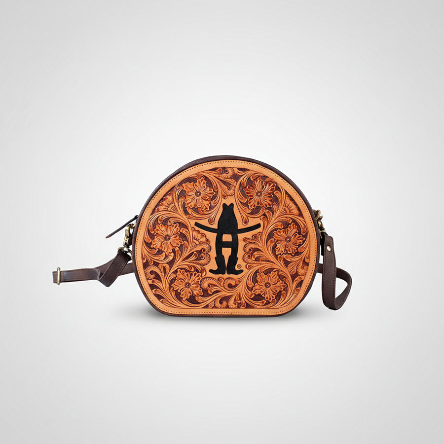 Legacy Rodeo Floral Hand-Tooled Genuine Leather Canteen Bag Round Shoulder Purse | Houston Livestock Show and Rodeo