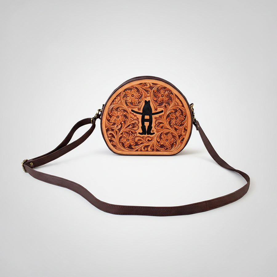Legacy Rodeo Floral Hand-Tooled Genuine Leather Canteen Bag Round Shoulder Purse | Houston Livestock Show and Rodeo