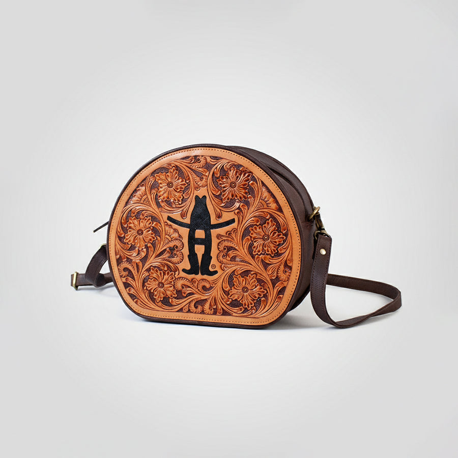 Legacy Rodeo Floral Hand-Tooled Genuine Leather Canteen Bag Round Shoulder Purse | Houston Livestock Show and Rodeo - Uhorse