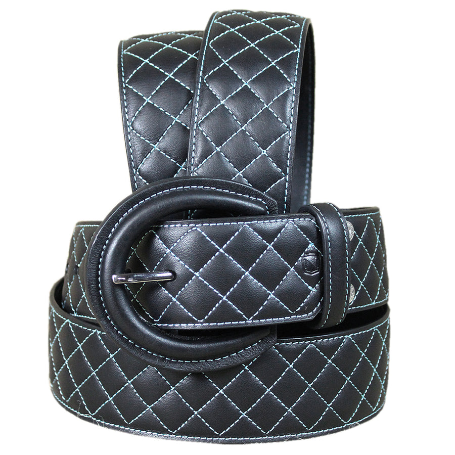 Noble Equestrian Quilted Belt 2" Wide Full Grain Leather Contrast Stitching - Uhorse
