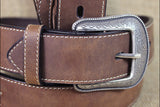 3D BELTS Men's Brown Leather Western Concho Belt Leaf Stitching Silver Buckle