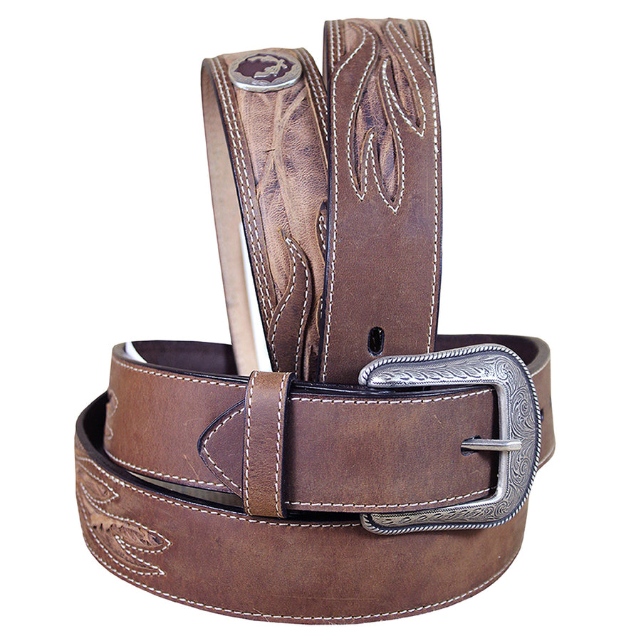 3D BELTS Men's Brown Leather Western Concho Belt Leaf Stitching Silver Buckle - Uhorse