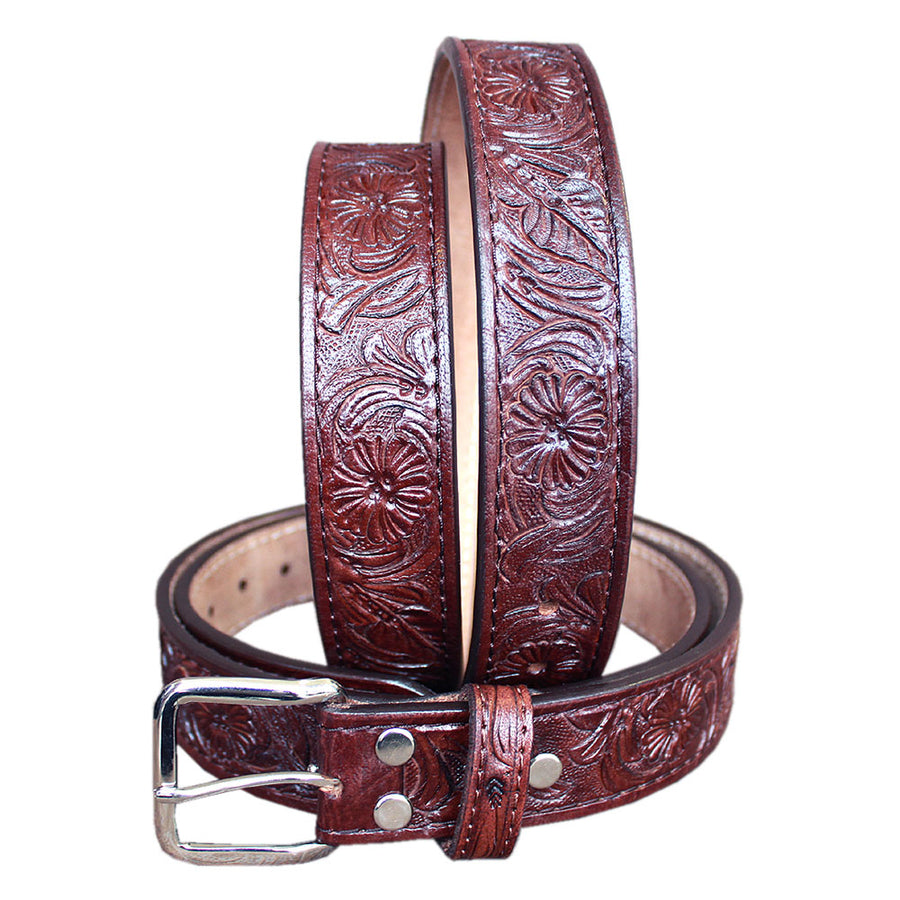 HILASON Western Genuine Leather Hand Tooled Floral Carved Unisex Belt Mahogany - Uhorse