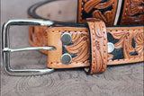 46 In HILASON Western Genuine Leather Hand Tooled Floral Carved Unisex Belt Tan