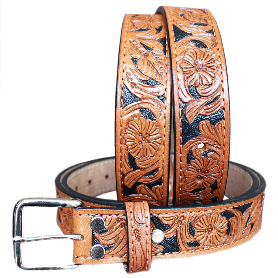 46 In HILASON Western Genuine Leather Hand Tooled Floral Carved Unisex Belt Tan - Uhorse