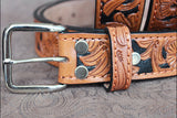 48 In HILASON Western Genuine Leather Hand Tooled Floral Carved Unisex Belt Tan