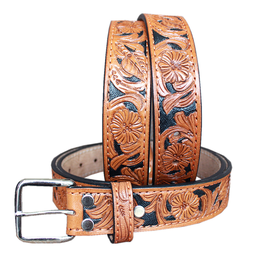 48 In HILASON Western Genuine Leather Hand Tooled Floral Carved Unisex Belt Tan - Uhorse