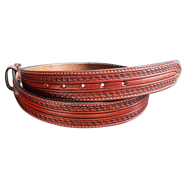 Red leather western belt with tooled design and silver studs - Uhorse