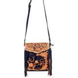 American Darling Western Black & Tan Tooled Leather Crossbody Bag with Fringe