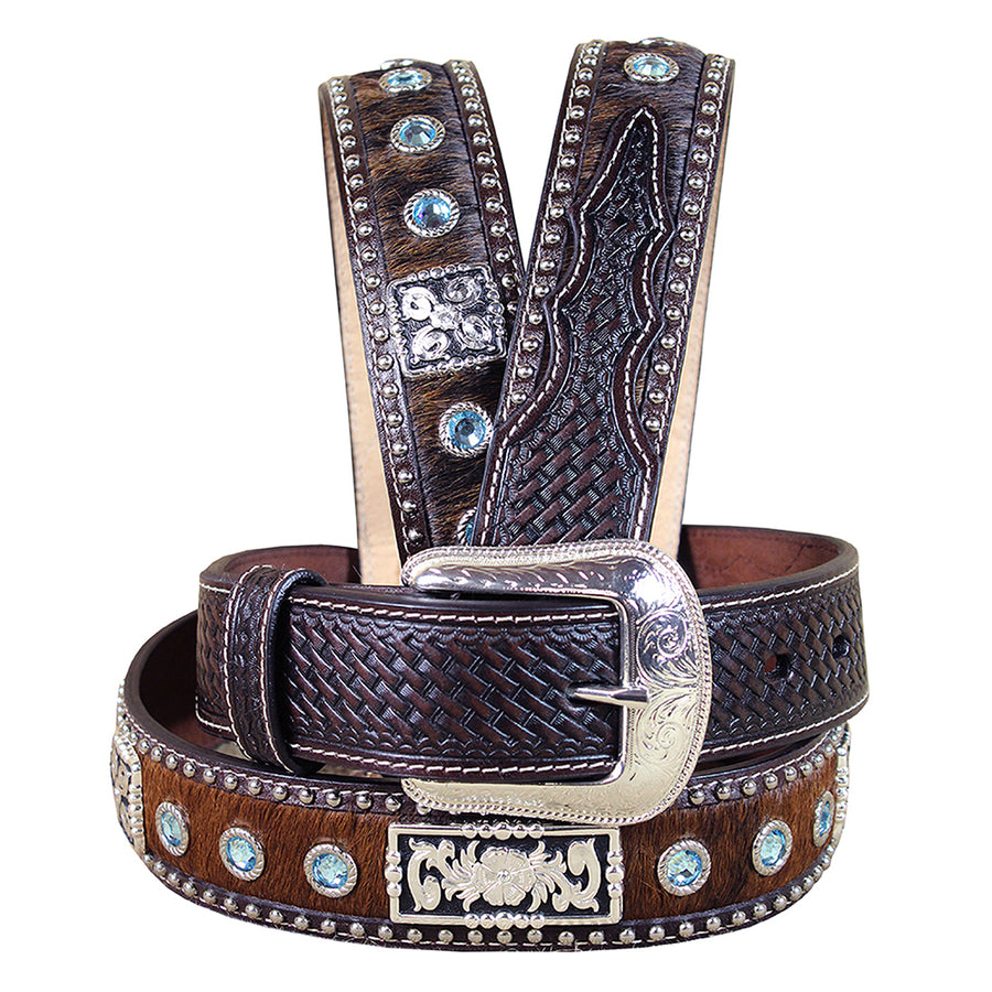 Dark Brown Tooled Leather and Hair-On Belt Blue Crystals Basketweave Silver Buckle - Uhorse