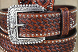 Ariat Men Full Grain Leather Western Belt Hand Tooled Basketweave Concho Accents