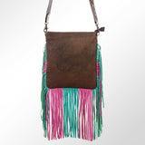 HILASON Women’s Large Genuine Leather Western Crossbody Bag Cowhide Purse Multi-Color Pink & Teal Fringe Tooled Floral Strap