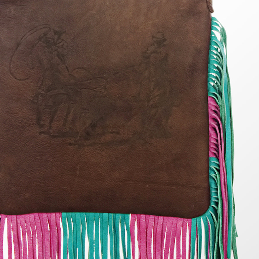 HILASON Women’s Large Genuine Leather Western Crossbody Bag Cowhide Purse Multi-Color Pink & Teal Fringe Tooled Floral Strap