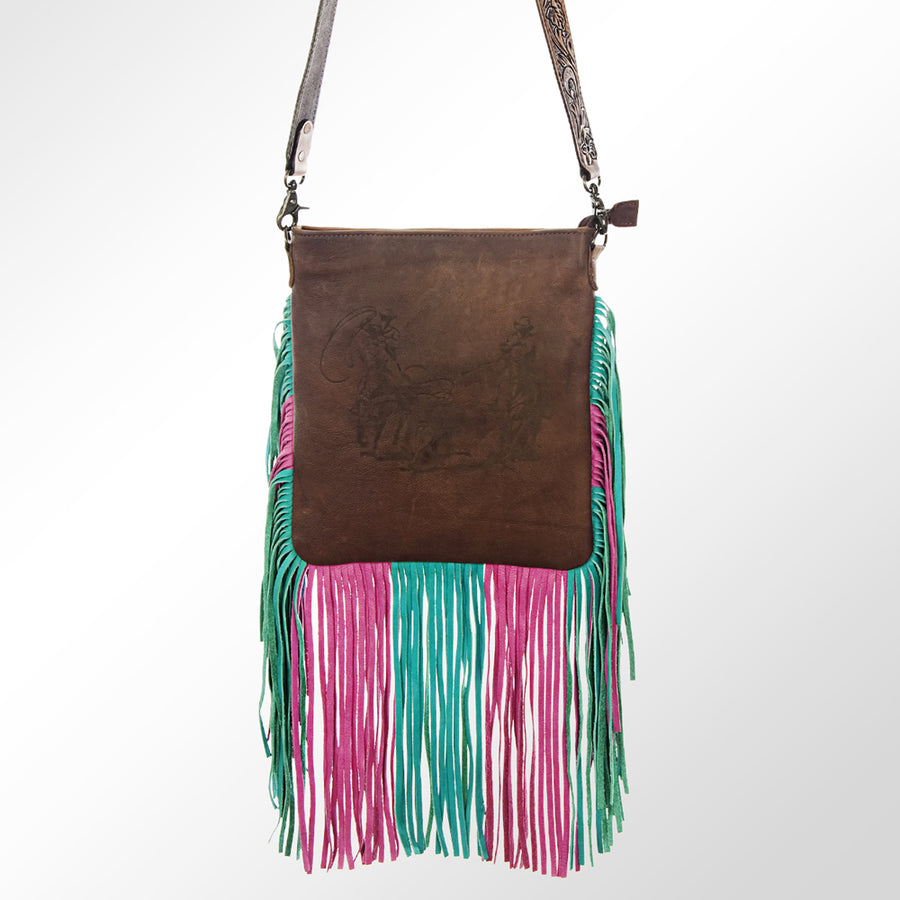 HILASON Women's Large Genuine Leather Western Crossbody Bag Cowhide Purse Multi-Color Pink and Teal Fringe Tooled - Uhorse