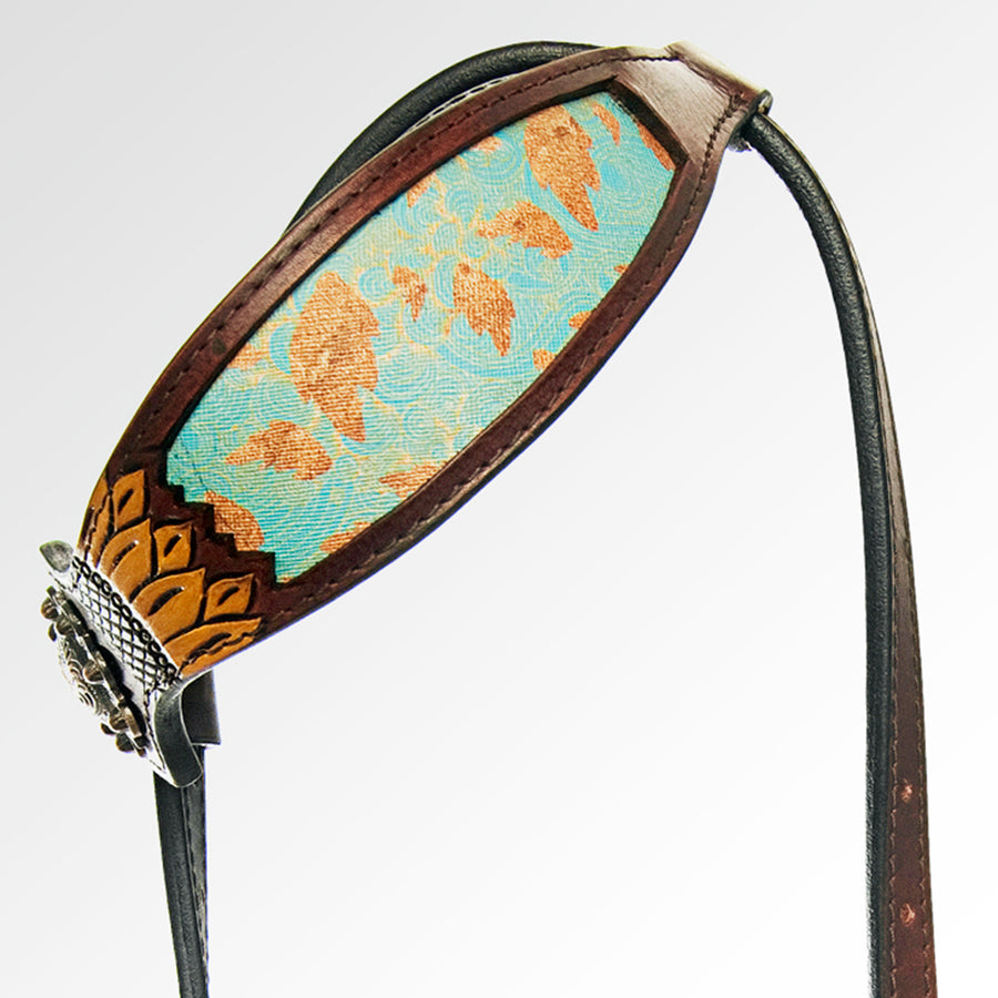 HILASON One-Ear Headstall Floral Hand-Painted Turquoise Premium Skirting Leather
