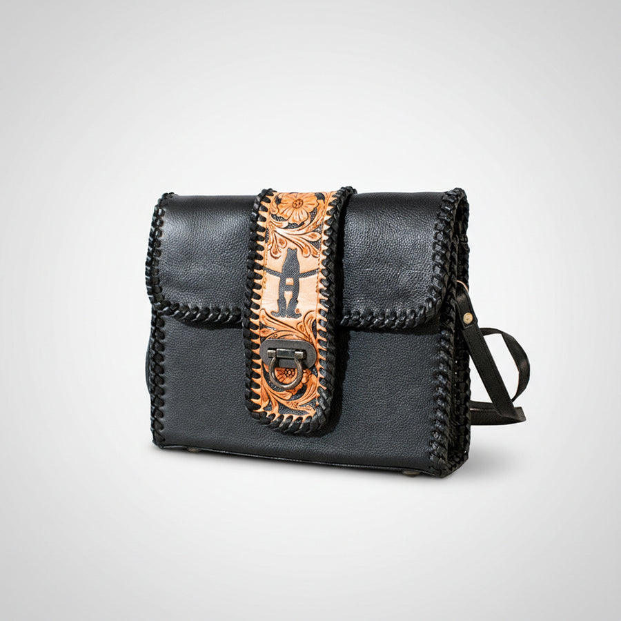 Laurel Rodeo Hand-Tooled Genuine Leather Crossbody Shoulder Bag Black | Houston Livestock Show and Rodeo - Uhorse