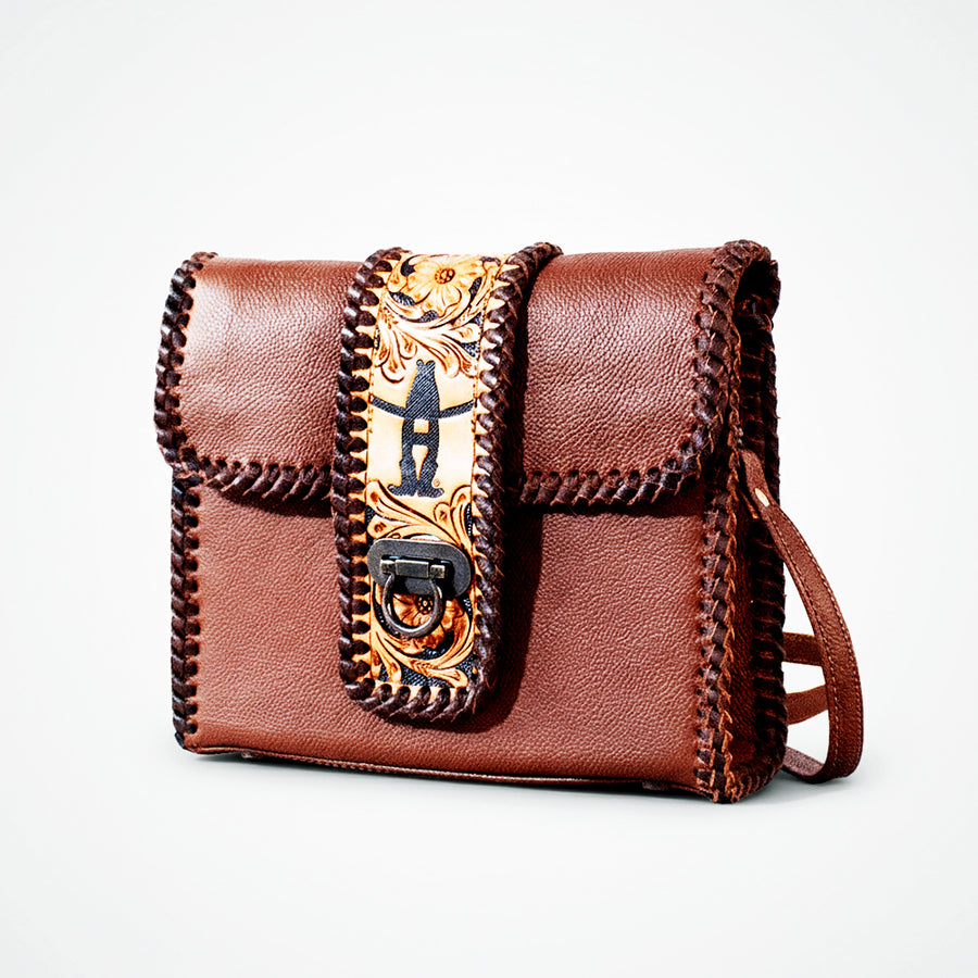 Laurel Rodeo Hand-Tooled Genuine Leather Crossbody Shoulder Bag Brown | Houston Livestock Show and Rodeo - Uhorse