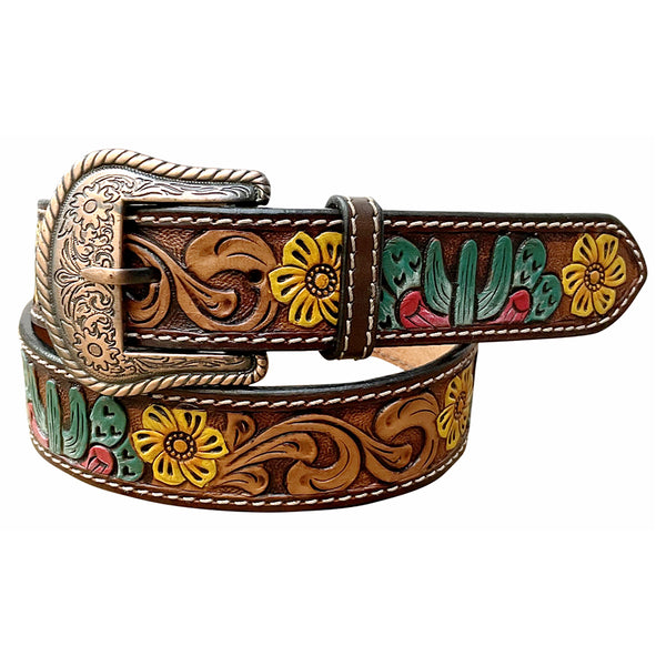 Brown leather western belt with floral tooling and painted cactus design - Uhorse