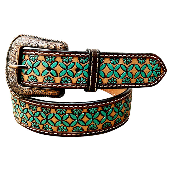 Leather belt with turquoise and tan geometric pattern - Uhorse