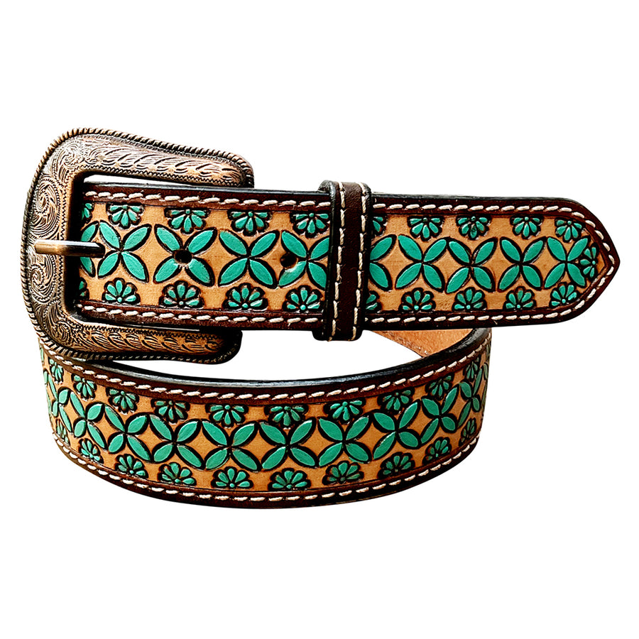 Leather belt with turquoise and tan geometric pattern - Uhorse