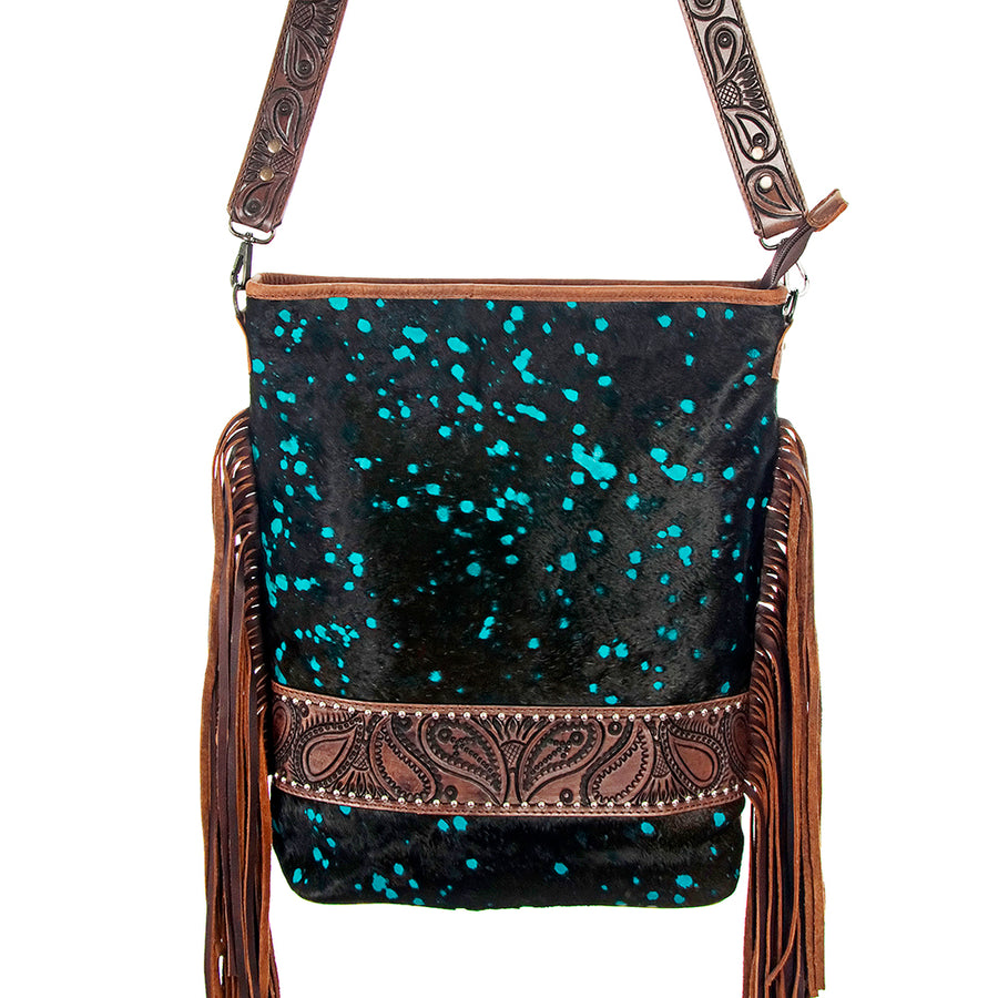 American Darling Large Cross body Bag Hand Tooled Floral Carved Leather Hair-On Cowhide with Fringes