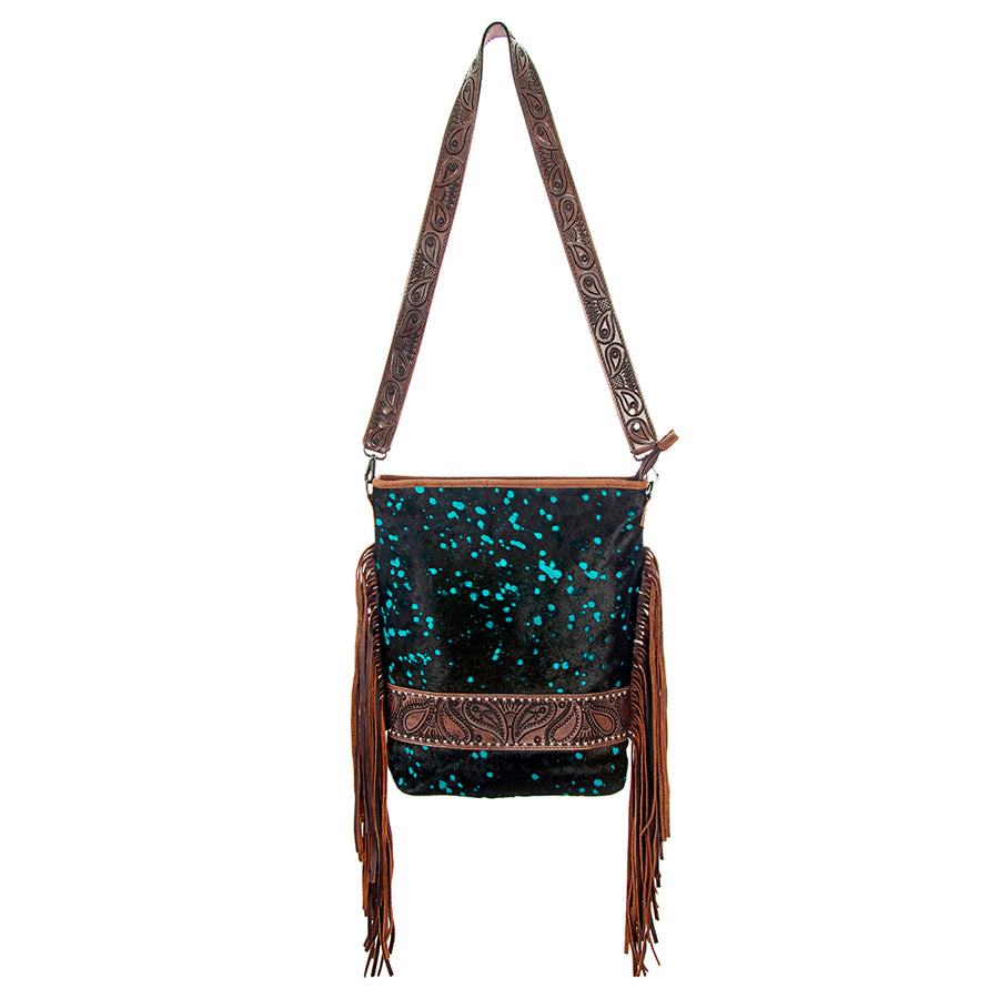 American Darling Large Cross body Bag Hand Tooled Floral Carved Leather Hair-On Cowhide with Fringes