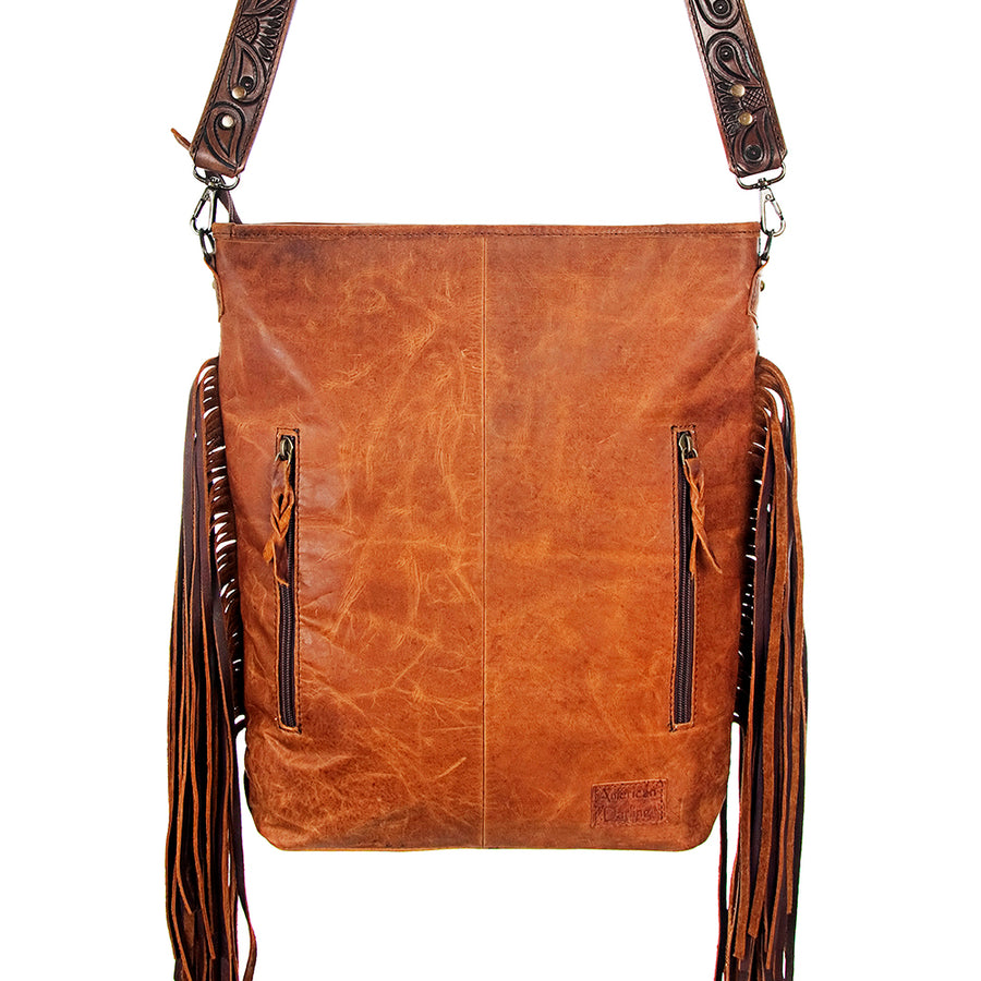American Darling Large Cross body Bag Hand Tooled Floral Carved Leather Hair-On Cowhide with Fringes