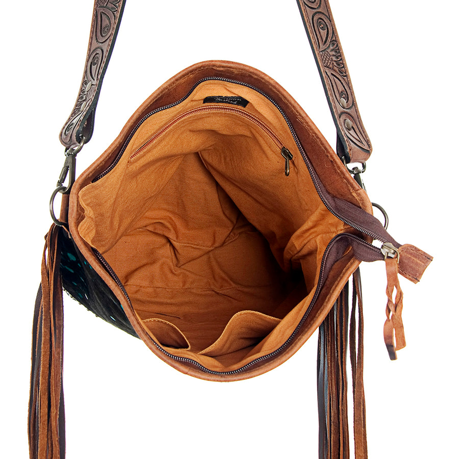 American Darling Large Cross body Bag Hand Tooled Floral Carved Leather Hair-On Cowhide with Fringes