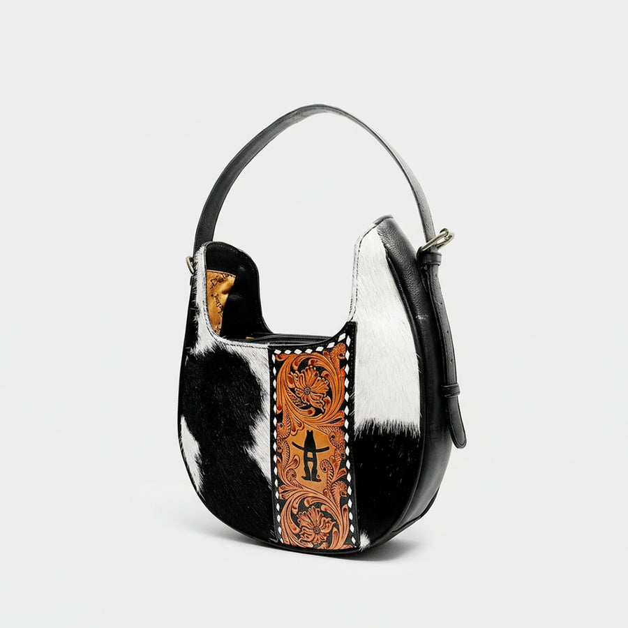 Laurel Spring Rodeo Genuine Hair On Leather hand tooled hobo bag Black and White | Houston Livestock Show and Rodeo - Uhorse