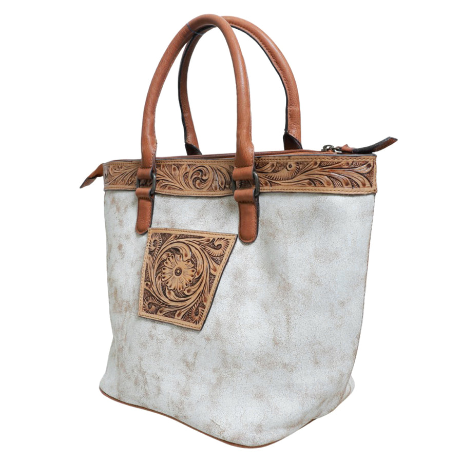 Cream canvas tote bag with tooled leather trim - Uhorse