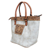 Cream canvas tote bag with tooled leather trim - Uhorse