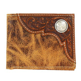 Ariat Men’s Distressed Leather Bi-Fold Wallet with Embossed Overlay & Concho