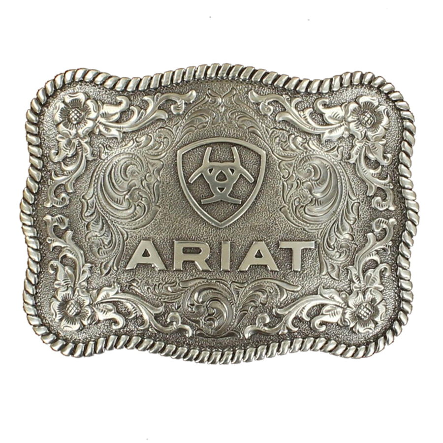 Ariat Silver Scroll Western Belt Buckle Rectangular Scalloped Edge