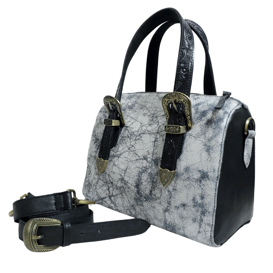 Gray and black leather handbag with brass hardware - Uhorse