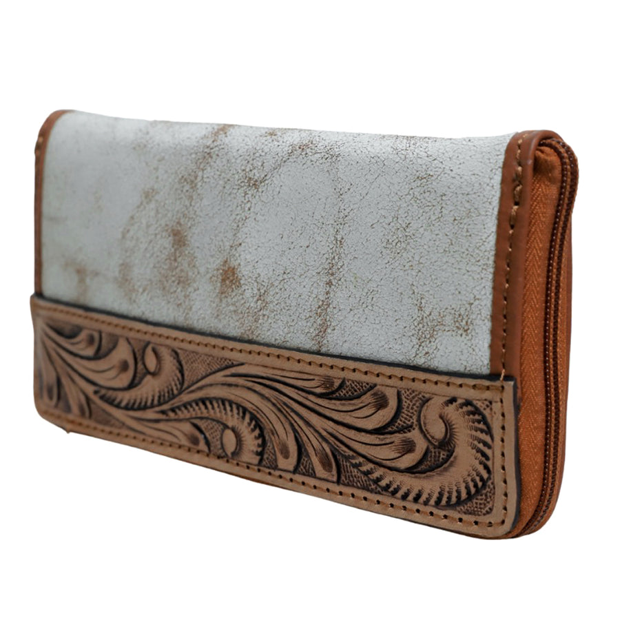 Leather and cowhide wallet with tooled floral design - Uhorse