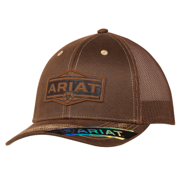 ARIAT Men’s Tan 5-Panel Snapback Cap – 3D Embroidered Logo & Shield, Mesh Back, Structured Fit, Cotton/Poly Blend