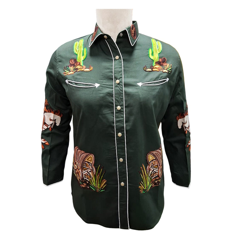 American Darling Olive Green Western Apparel - Embroidered Cotton Twill Rodeo Top - Uhorse