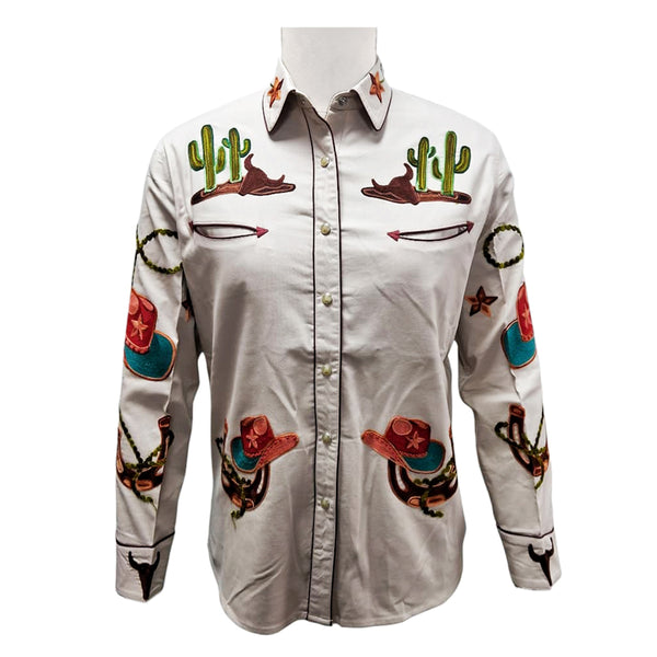 American Darling Ivory Western Apparel - Embroidered Cotton Lycra Cowboy Motif Shirt - Uhorse