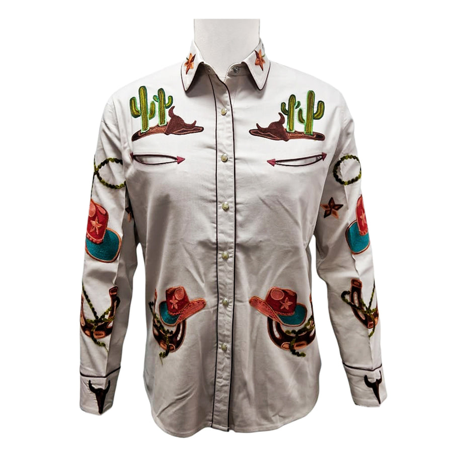 American Darling Ivory Western Apparel - Embroidered Cotton Lycra Cowboy Motif Shirt - Uhorse