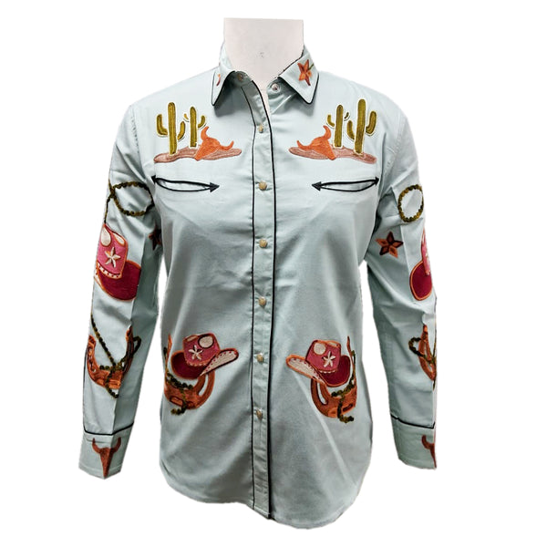 American Darling Green Western Apparel - Embroidered Cotton Lycra Cowboy Motif Shirt - Uhorse