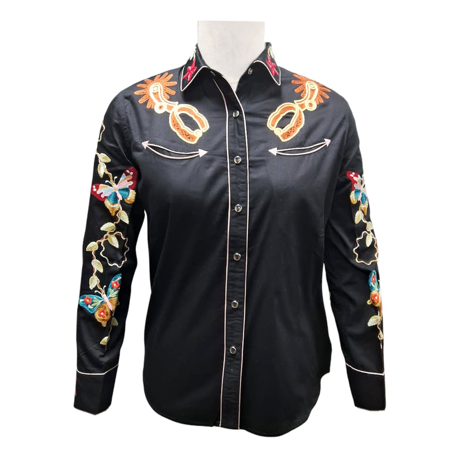 American Darling Black Western Apparel - Embroidered Cotton Satin Butterfly Shirt - Uhorse