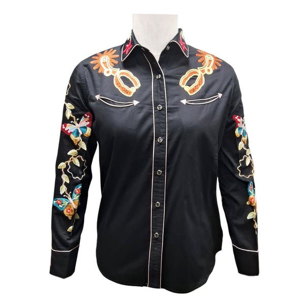 American Darling Black Western Apparel - Embroidered Cotton Satin Butterfly Shirt - Uhorse