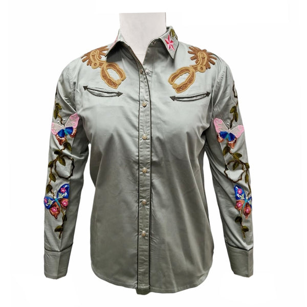 American Darling Saga Green Western Apparel - Embroidered Cotton Satin Butterfly Shirt - Uhorse