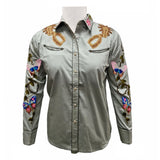 American Darling Saga Green Western Apparel - Embroidered Cotton Satin Butterfly Shirt - Uhorse