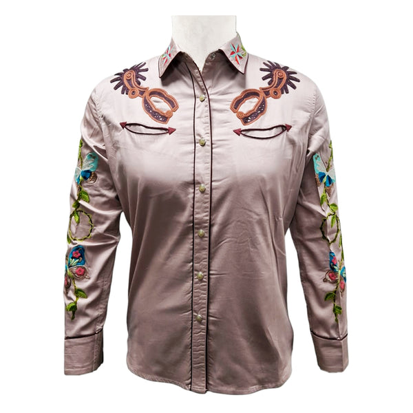 American Darling Light Mauve Western Apparel - Embroidered Cotton Satin Butterfly Shirt - Uhorse