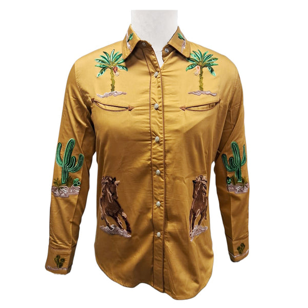 American Darling Mustard Western Apparel - Embroidered Cotton Satin Horse Motif Shirt - Uhorse
